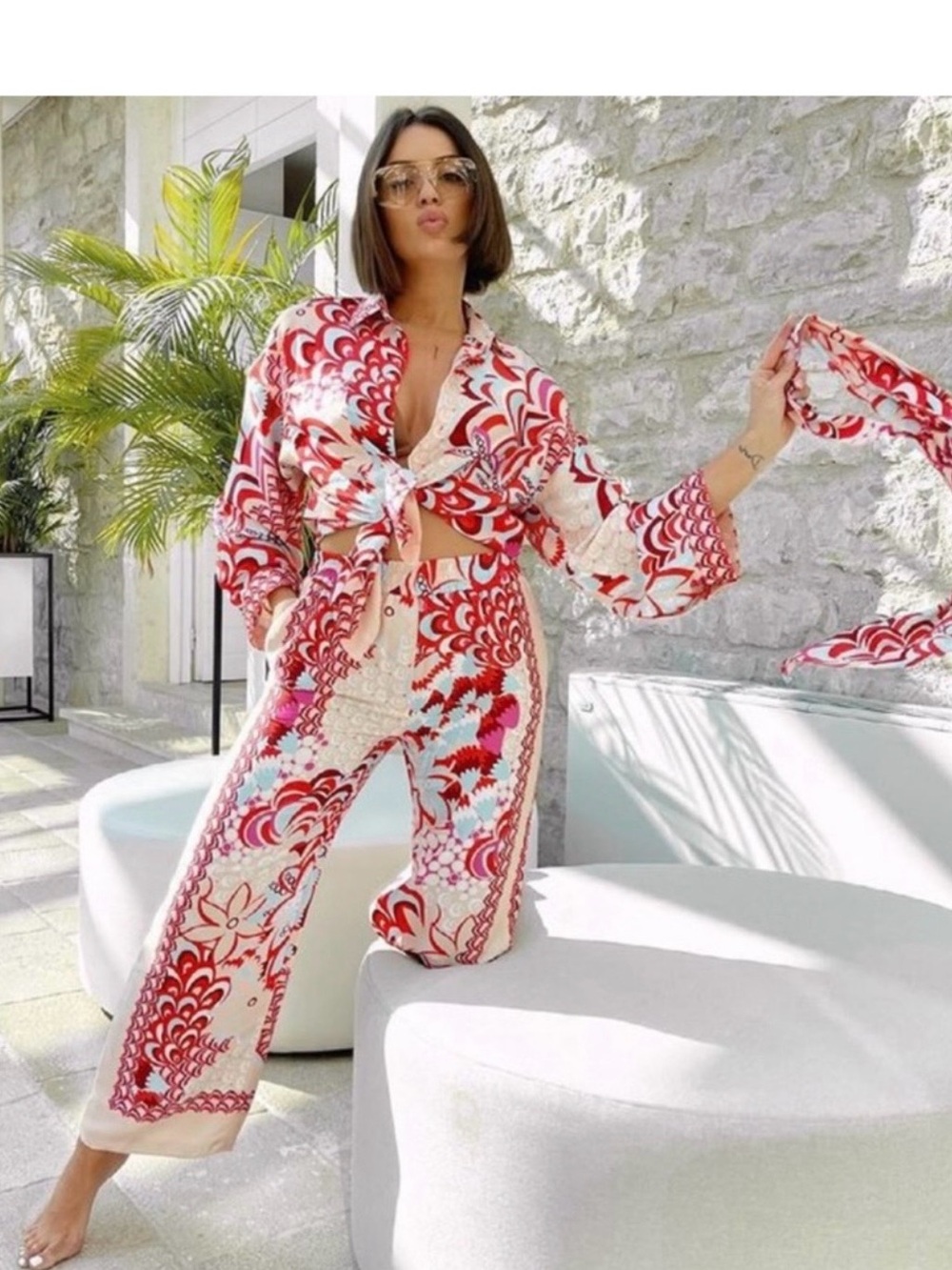 Zara Red & Cream Patterned Wide-Leg Pants